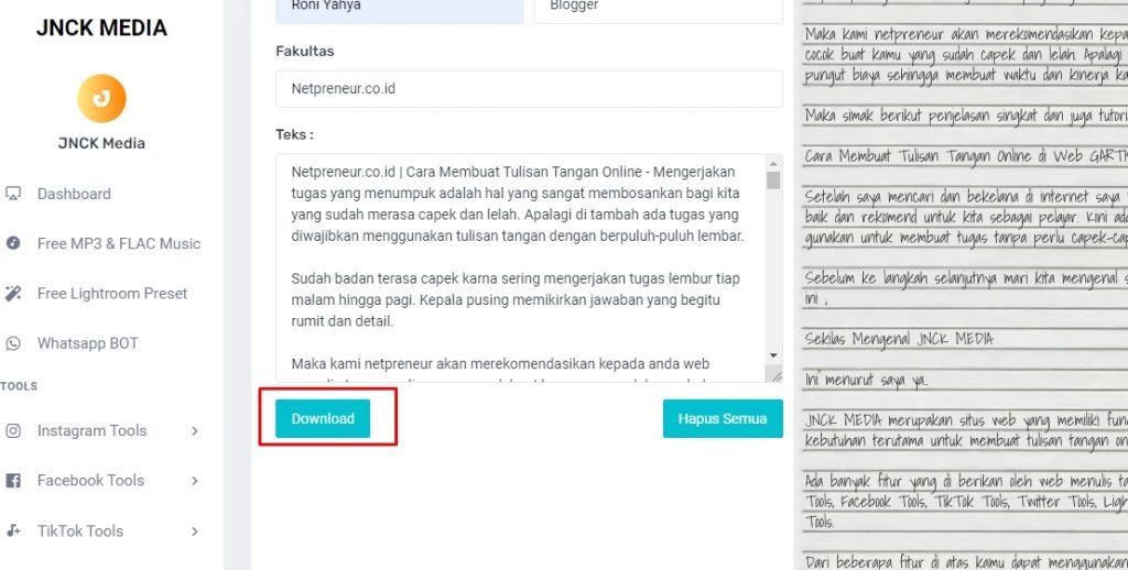 tulis tangan online hvs